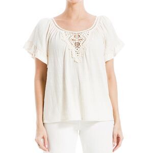 Max Studio Womens  Flutter Sleeve Crochet Yoke Knit Top, White